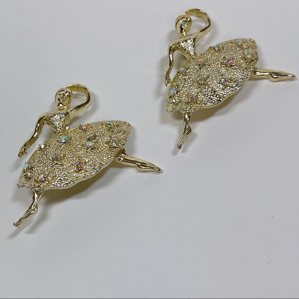 Vintage Pair of Goldtone and Rhinestone Ballerina Brooches
